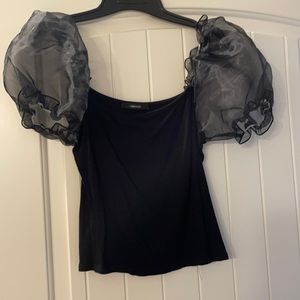 Puff Sleeve Organza Black Ribbed Top